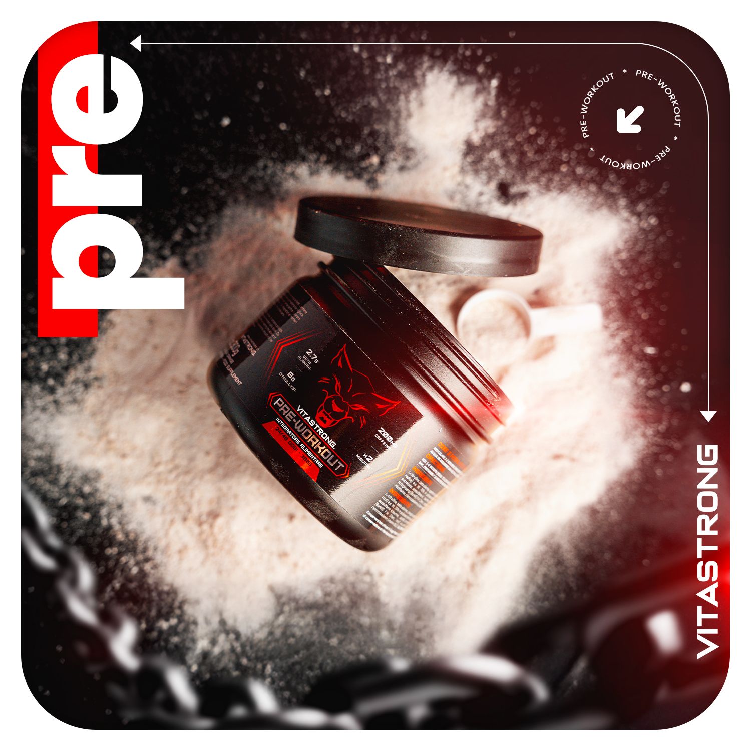 Pot Vitastrong Pre-Workout op poeder. Zwarte pot met rode wolf. Productnaam en details zichtbaar.