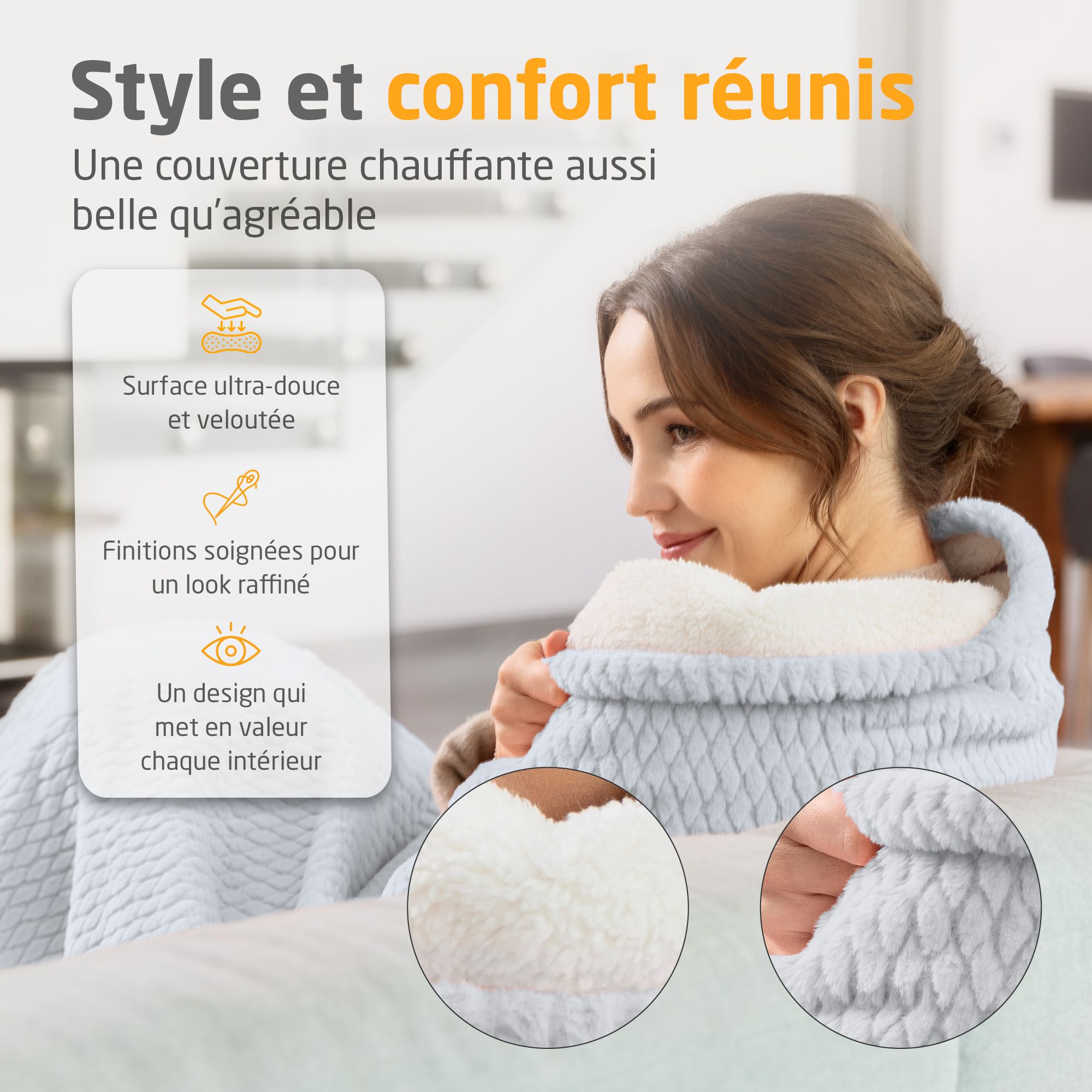 Femme avec couverture chauffante. Surface ultra-douce. Coutures fines. Finition de haute qualité. Détails de la couverture.