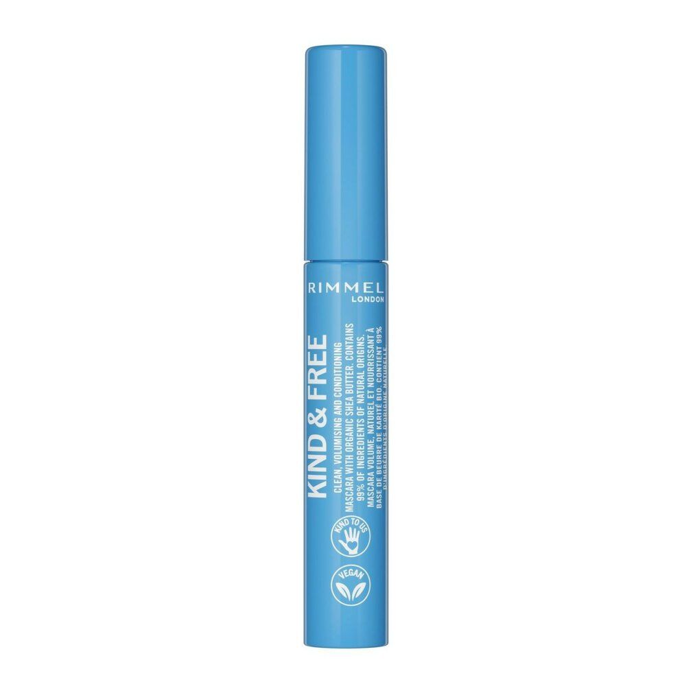 Mascara Rimmel Kind & Free, 02 Brun Noir, dans son tube bleu fermé.