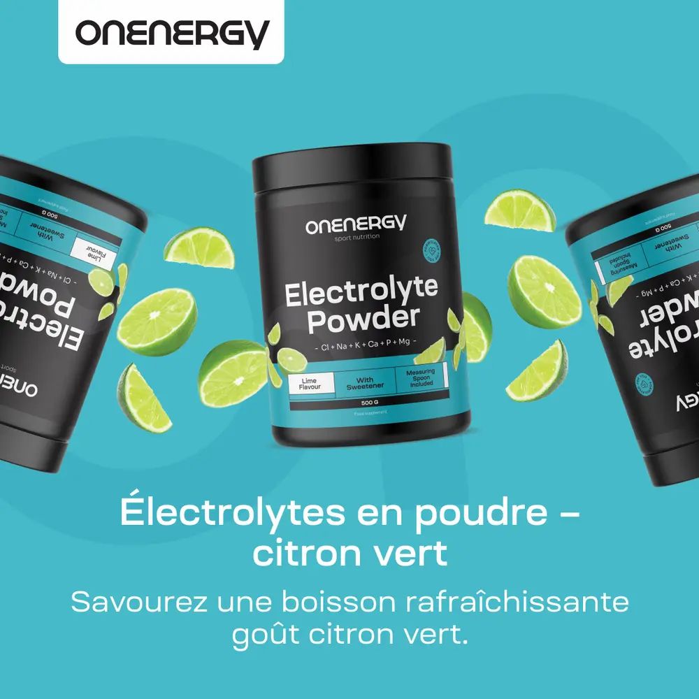 Trois boîtes d'électrolytes en poudre - citron vert. Tranches de citron vert. Texte : Savourez une boisson rafraîchissante goût citron vert.