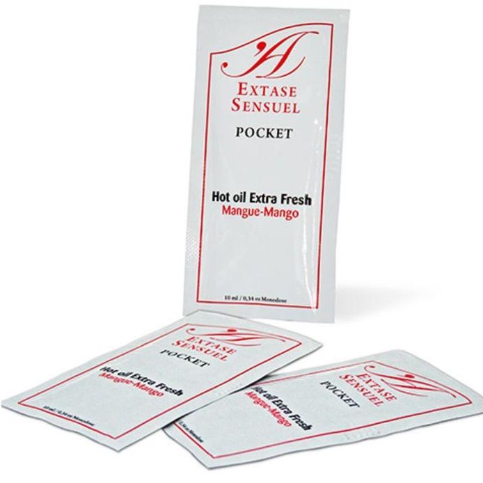 Drie zakjes Extase Sensuel POCKET Hot oil Extra Fresh Mangue-Mango.