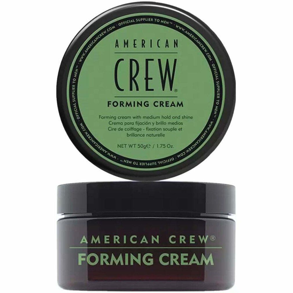 Pot brun foncé avec couvercle vert. Inscription: AMERICAN CREW FORMING CREAM. Texte sur le couvercle.