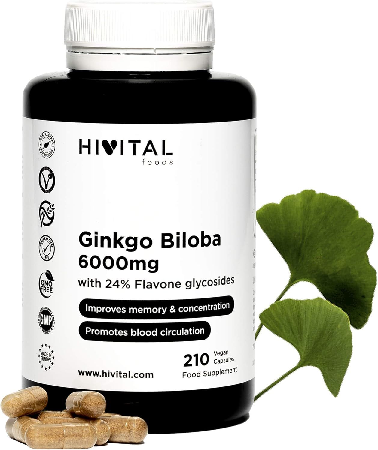 Zwarte fles HIVITAL Ginkgo Biloba capsules. Bevat 210 capsules. Vegan, glutenvrij, GMO-vrij. Ginkgo blad ernaast.