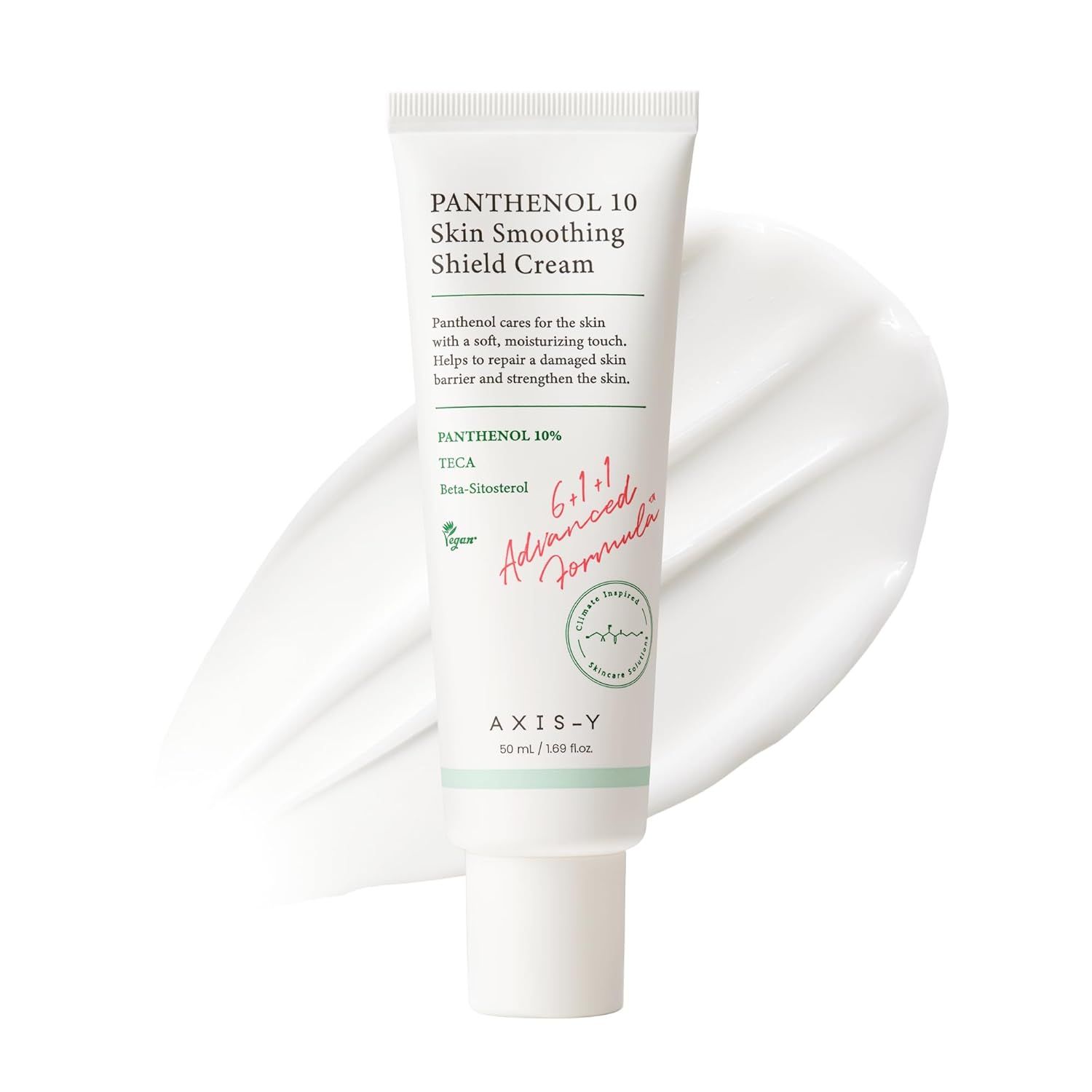 Witte tube 'Panthenol 10 Skin Smoothing Shield Cream'. Uitgesmeerde crème.