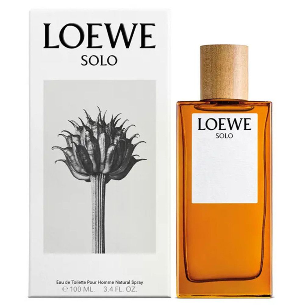 Flacon et emballage Loewe Solo Pour Homme Edt Spray. Flacon rectangulaire avec bouchon en bois. Emballage avec logo et motif floral.