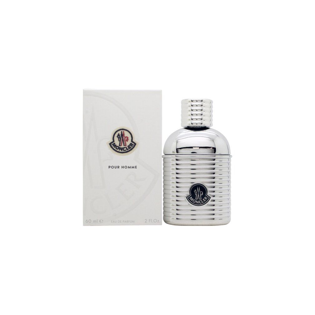 Flacon argenté et emballage. Moncler Pour Homme EDP. Logo et texte sur le flacon et l'emballage.