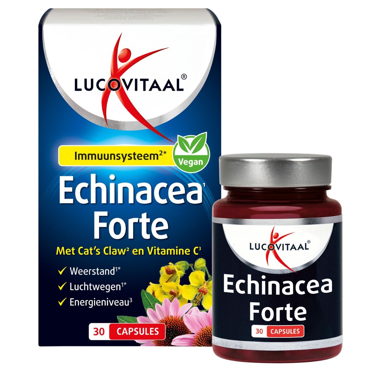 Verpakking en fles van het voedingssupplement. Opschrift: Echinacea Forte. Bevat 30 capsules. Merk: Lucovitaal.