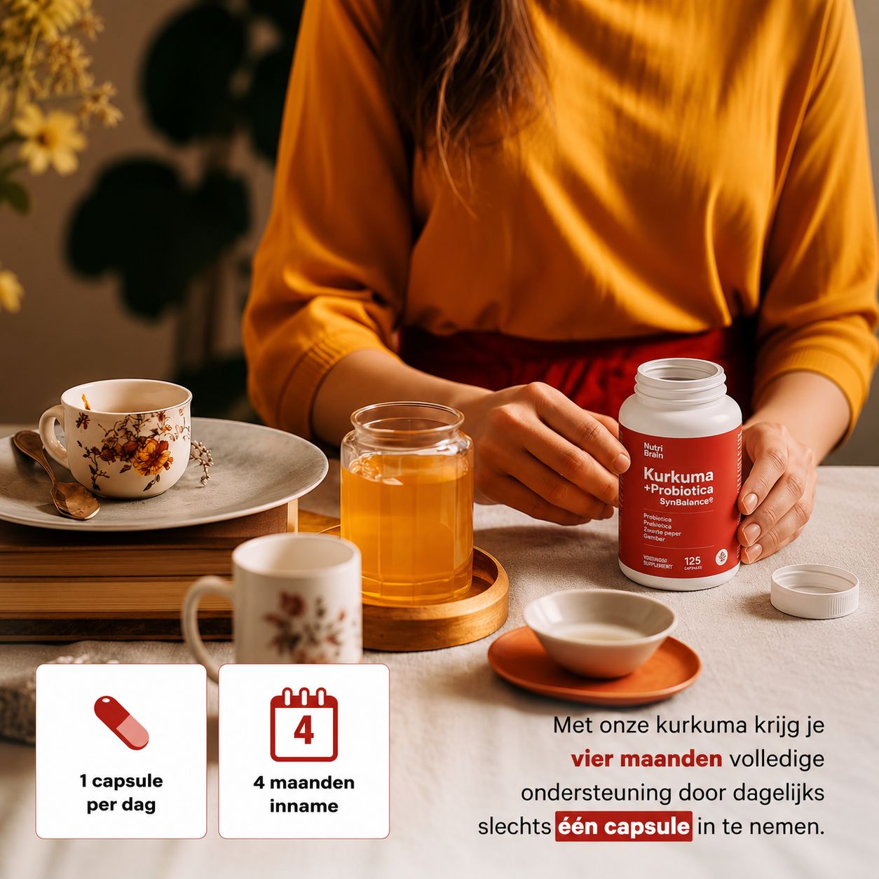 Flesje kurkuma + probiotica supplement, 125 capsules. Eén capsule per dag voor 4 maanden.