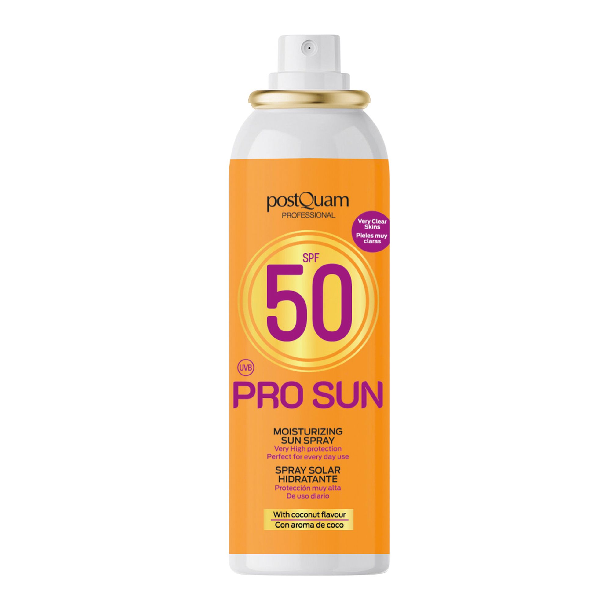 Flacon de spray solaire. Design blanc-orange avec SPF 50 et PRO SUN. Avec saveur de noix de coco.