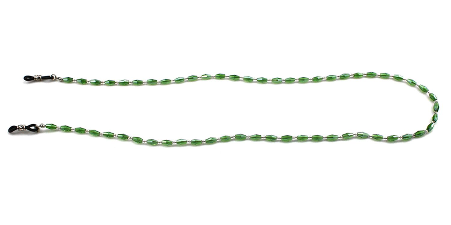 Groene brillenkoord met ovale kralen en zilverkleurige verbindingen. Zwarte brilhouders aan beide uiteinden.