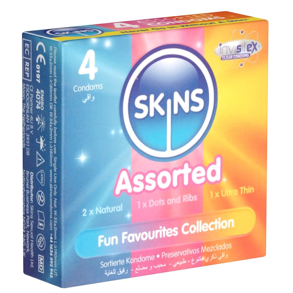SKINS Assorted condoomverpakking. Bevat 4 condooms, 2x Natural, 1x Dots and Ribs, 1x Ultra Thin. Fun Favourites Collection.