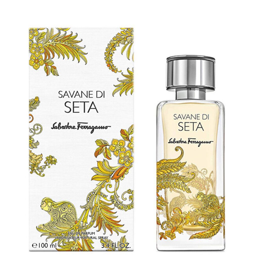 Flacon et emballage Salvatore Ferragamo Savane Di Seta Eau de Parfum avec décor doré.