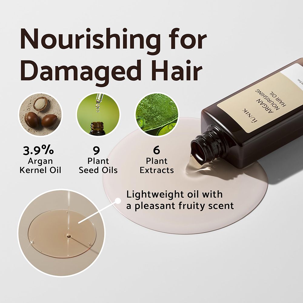 Product en ingrediënten. Tekst: Argan Nourishing Hair Oil, 3.9% Argan Kernel Oil, 9 Plant Seed Oils, 6 Plant Extracts.