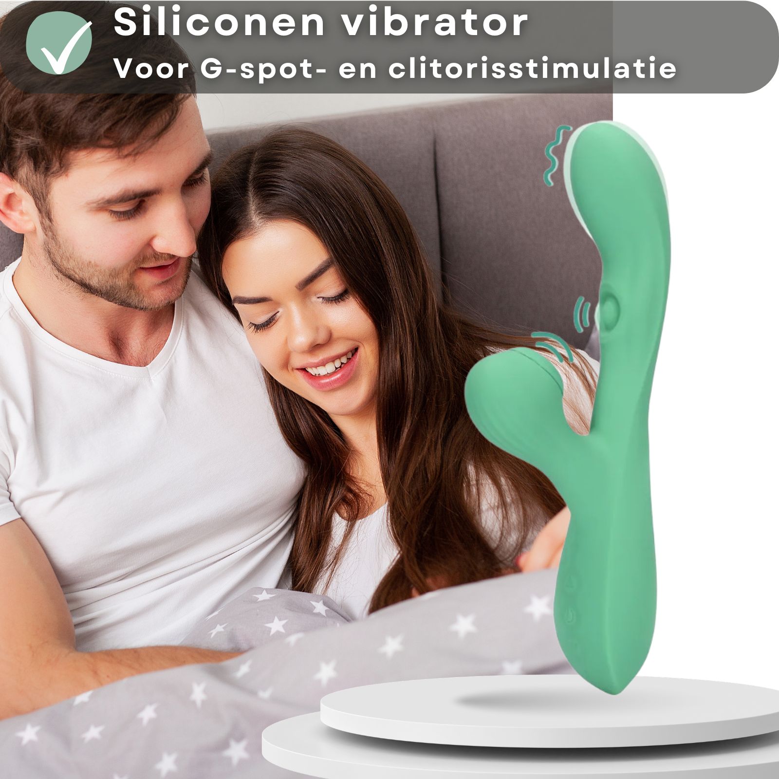 Groene vibrator. Tekst: Siliconen vibrator, voor G-spot en clitoris stimulatie.