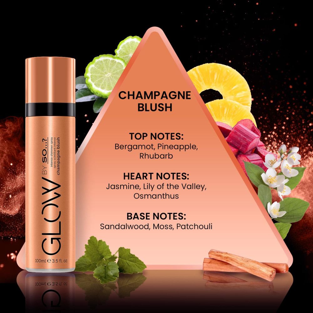 Spray Champagne Blush avec ingrédients. Notes: Bergamote, Ananas, Rhubarbe, Jasmin, Muguet, Bois de santal.