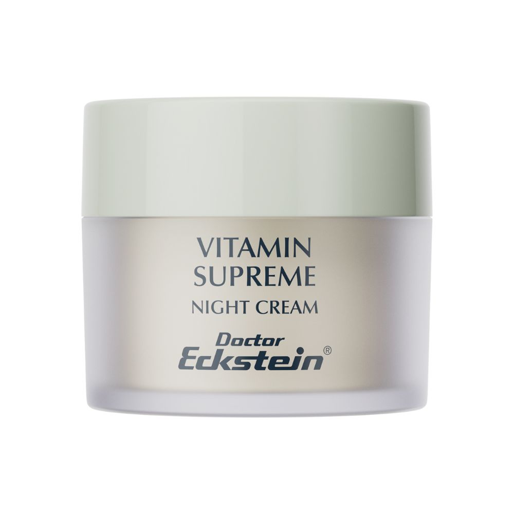 Pot de crème avec couvercle. Inscription : Vitamin Supreme Night Cream. Marque : Doctor Eckstein.