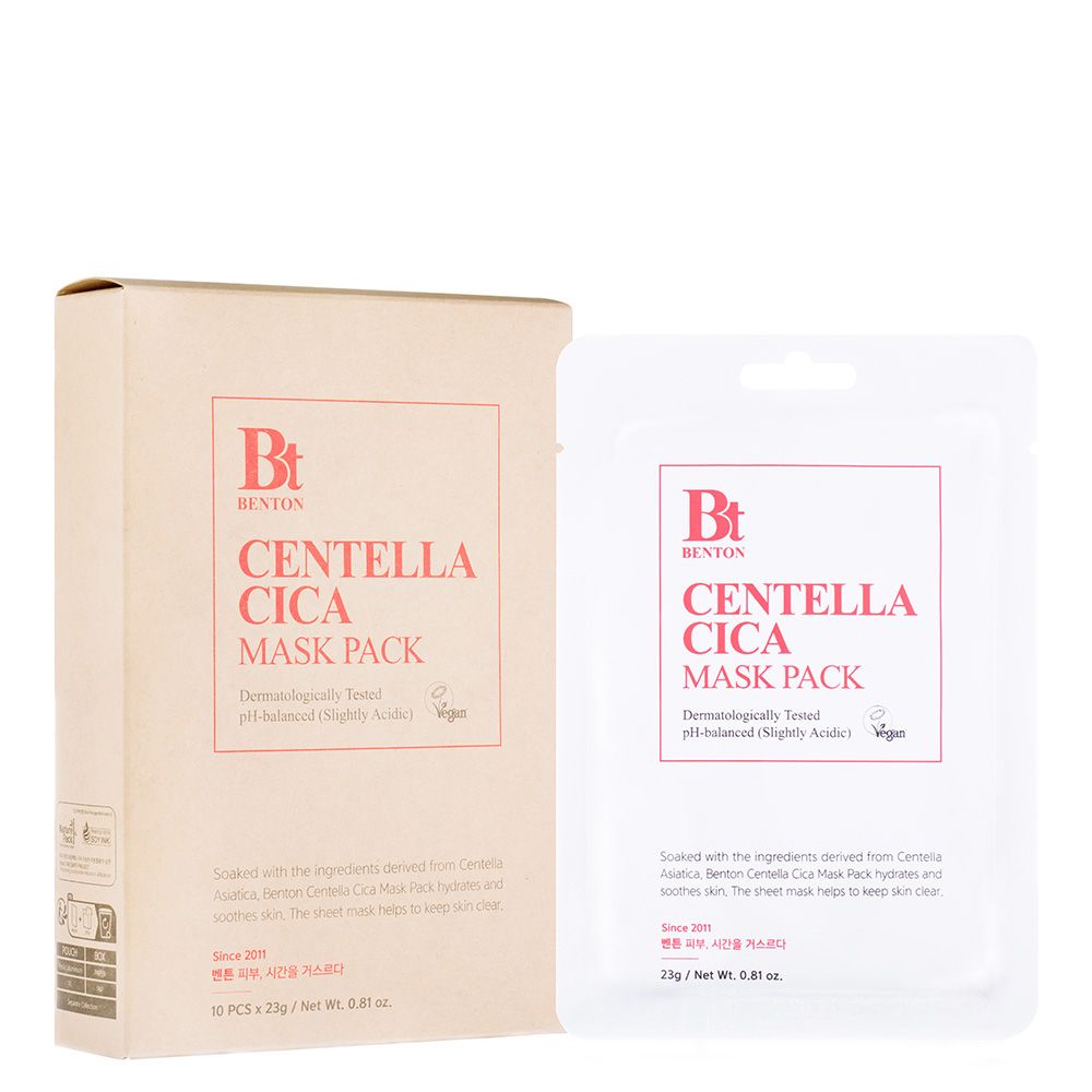Boîte Benton Centella Cica Mask Pack et un sachet de masque individuel.