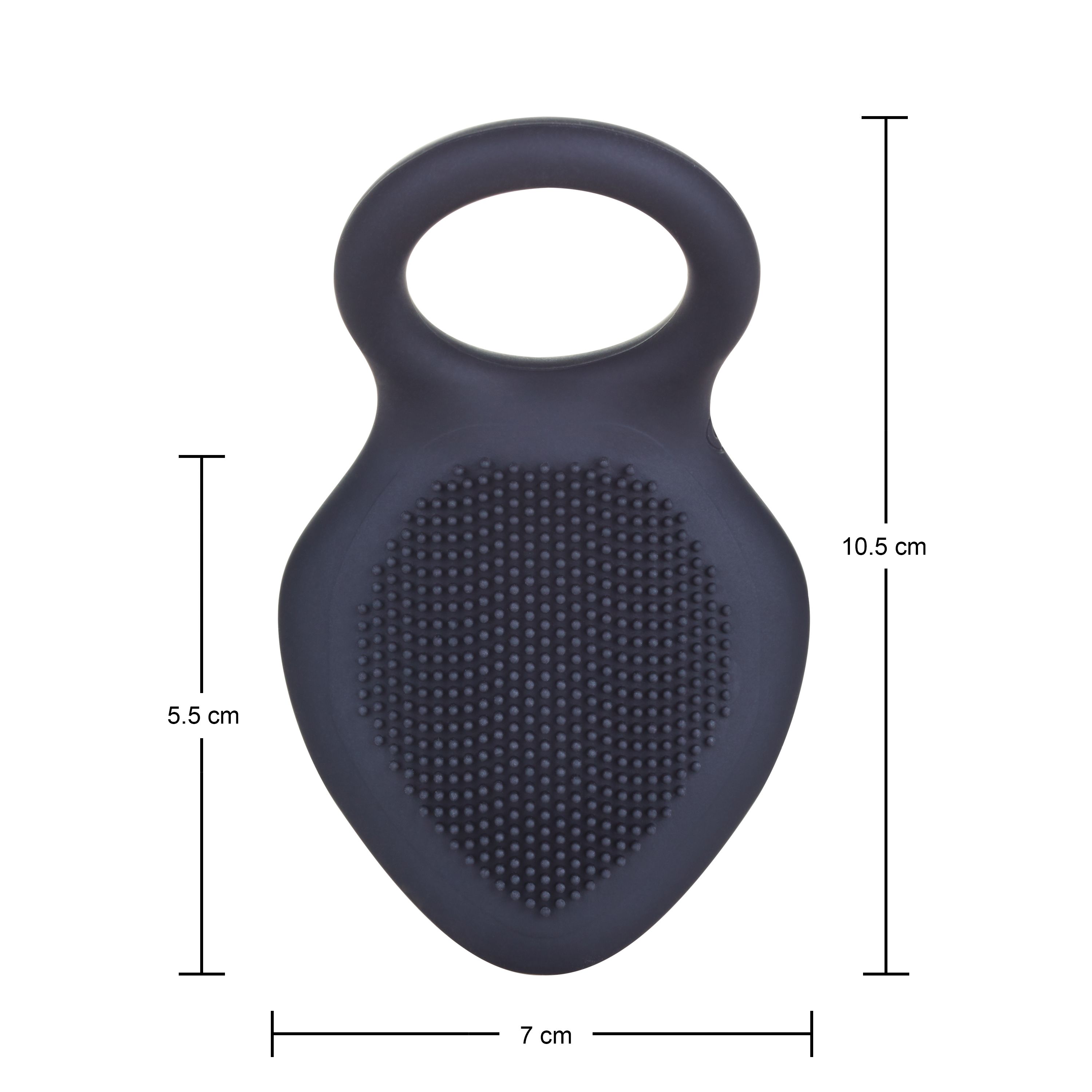 Produit de bien-être gris foncé avec poignée et surface texturée. Dimensions : 10,5 x 7 x 5,5 cm.