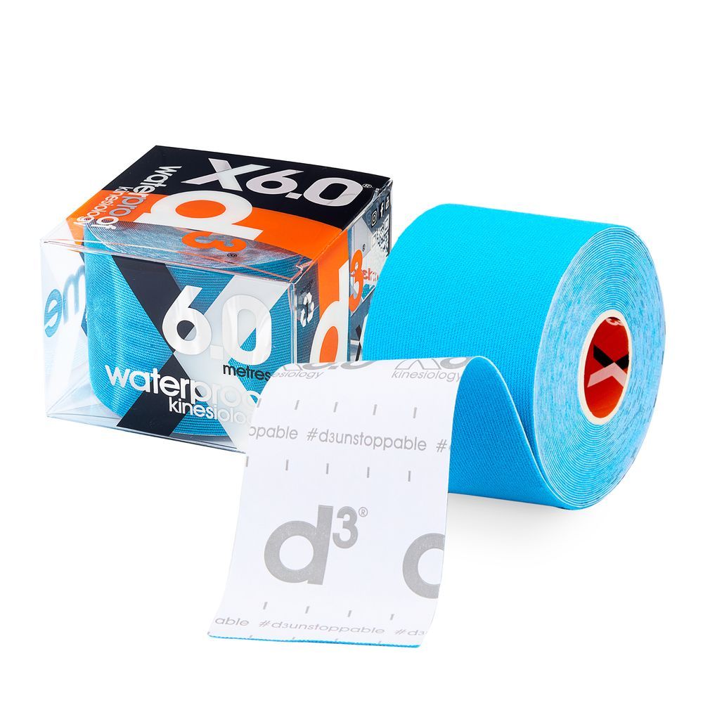 Bande de kinésiologie bleue Xtreme Waterproof, rouleau de 60 mètres, avec emballage. Marques et logo d3 visibles sur la bande.