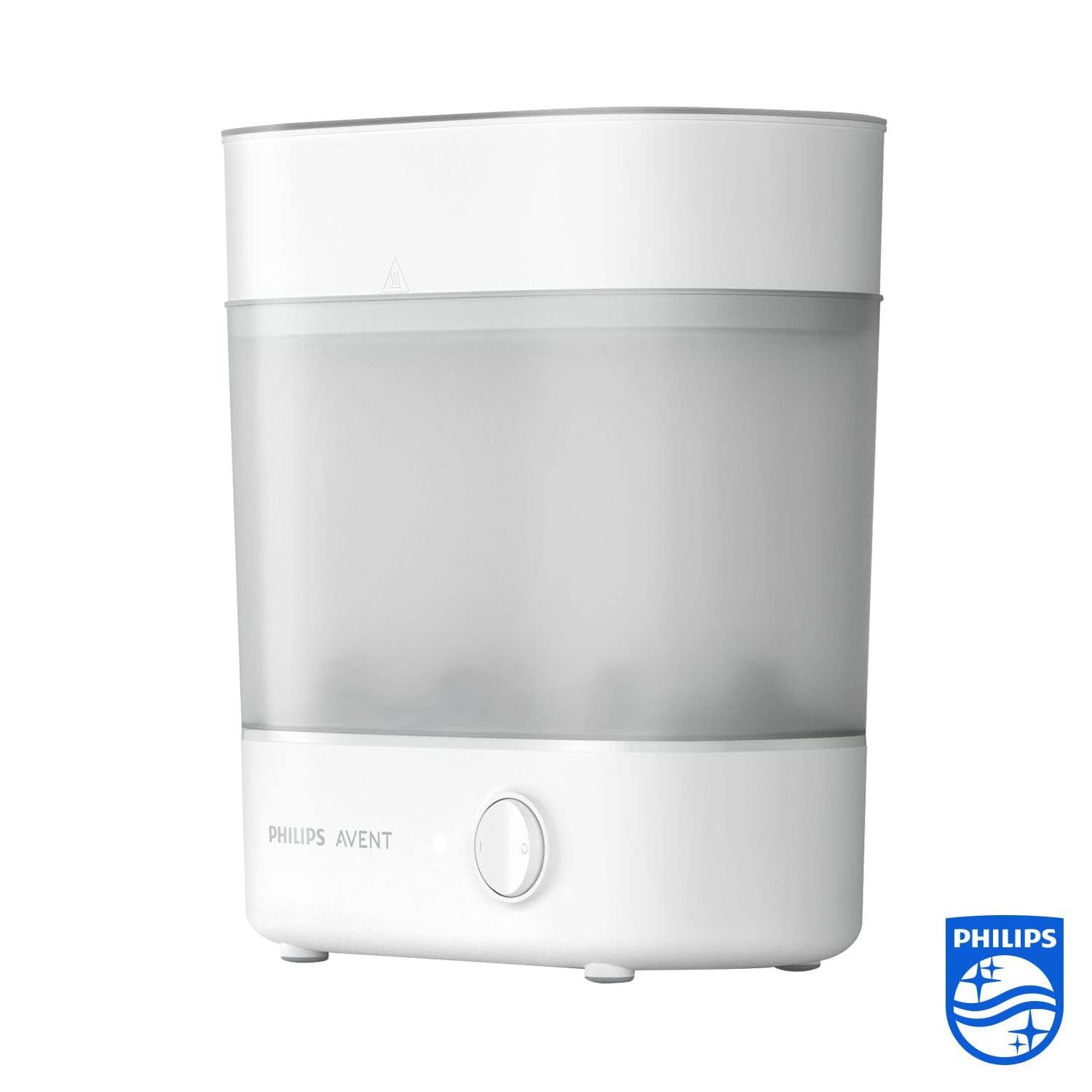 Stérilisateur Philips Avent blanc avec réservoir transparent et base blanche.