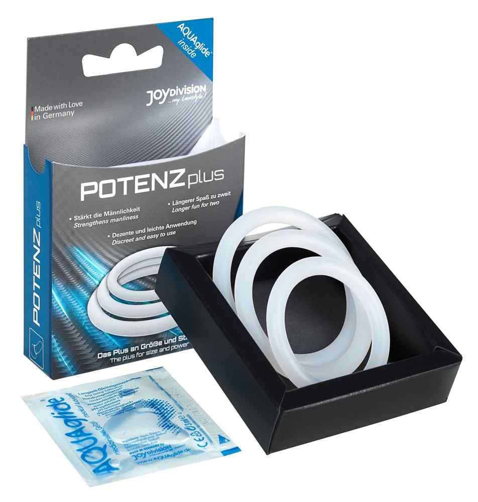 Emballage avec trois anneaux blancs et un sachet de lubrifiant. Marque POTENZplus.