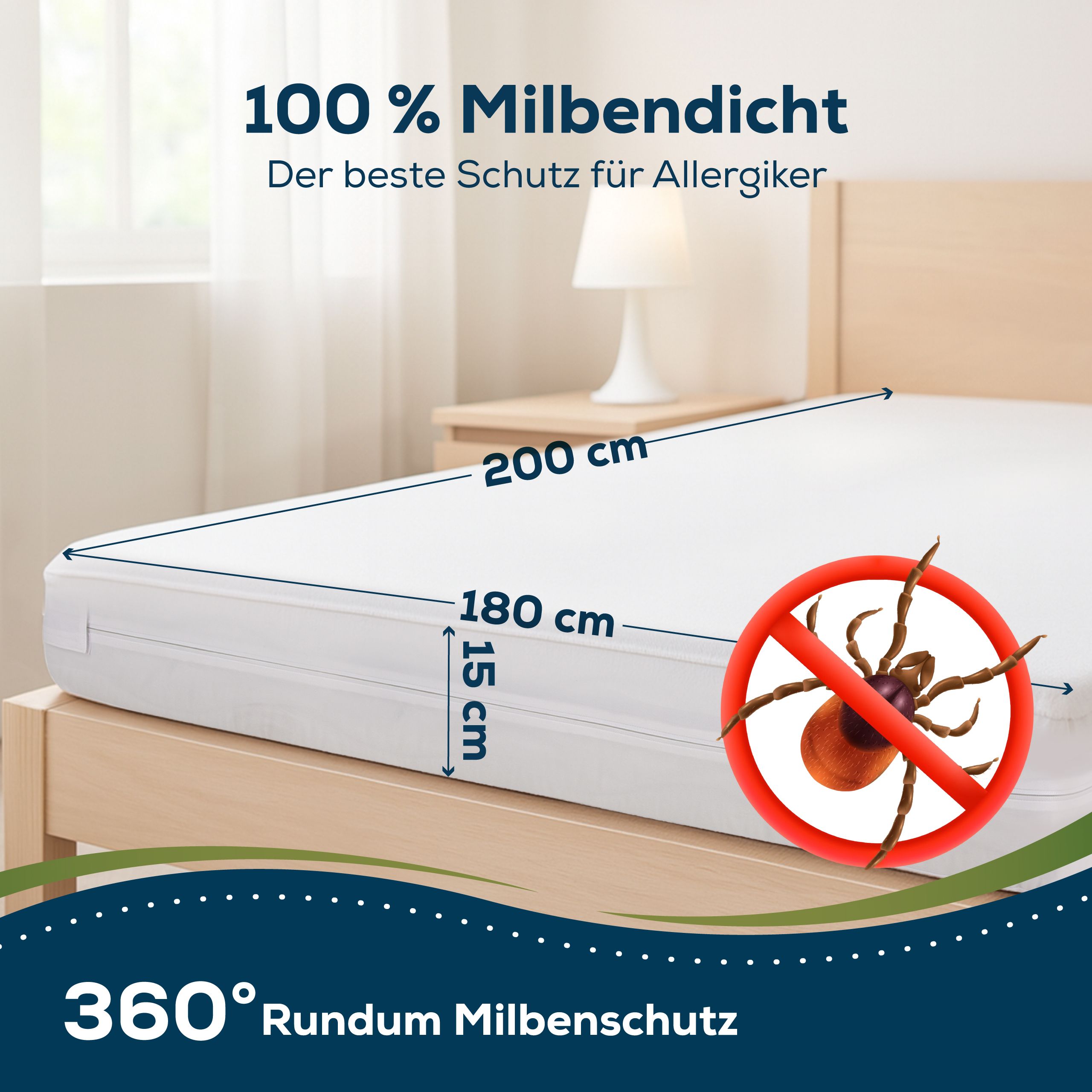 Housse de matelas blanche. Dimensions : 180x200x15 cm. Illustration d'un symbole de tique. Texte : 100% anti-acariens.