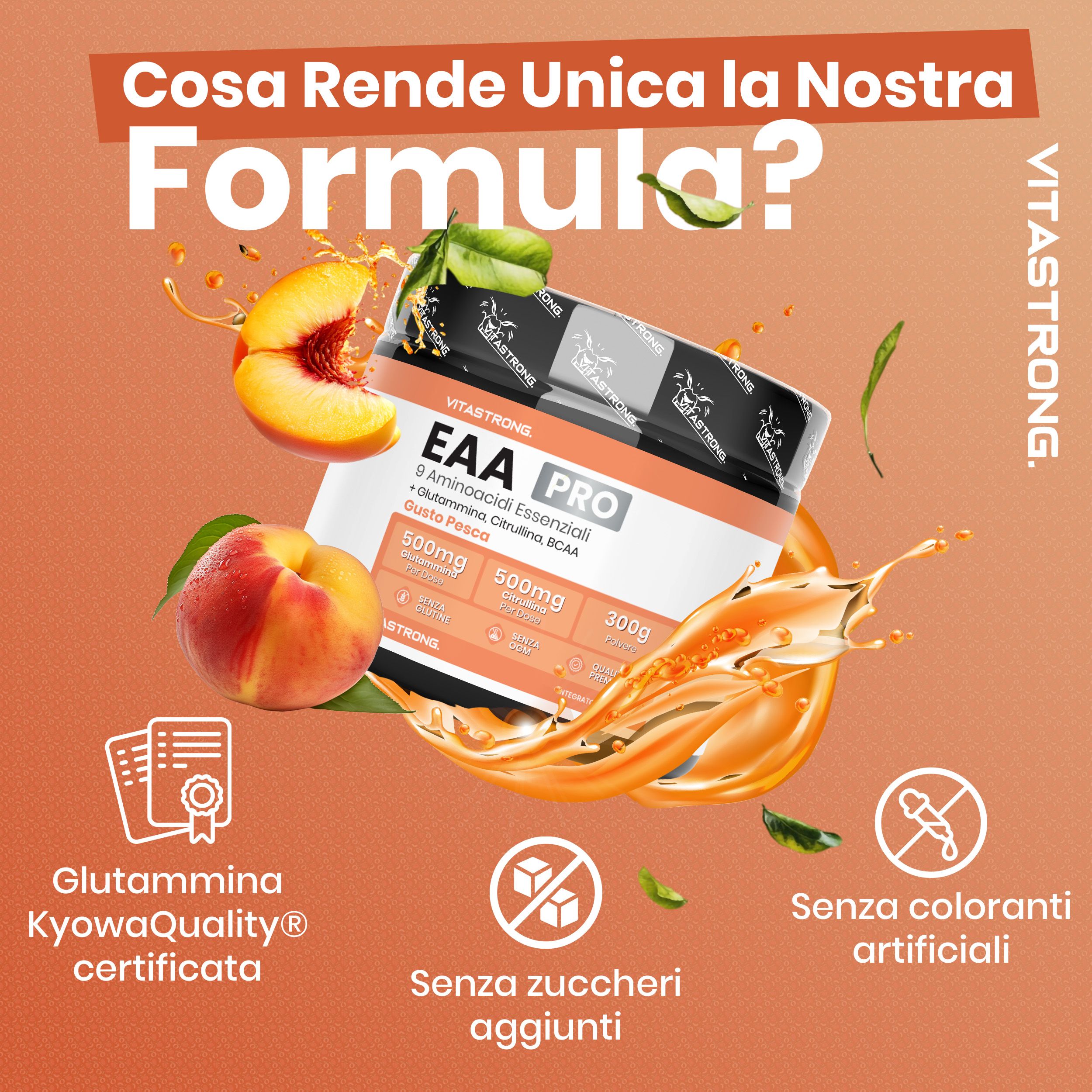 Vitastrong EAA Pro, pot. Pêches et liquide. Glutamine KyowaQuality certifiée. Sans sucres ajoutés, sans colorants artificiels.