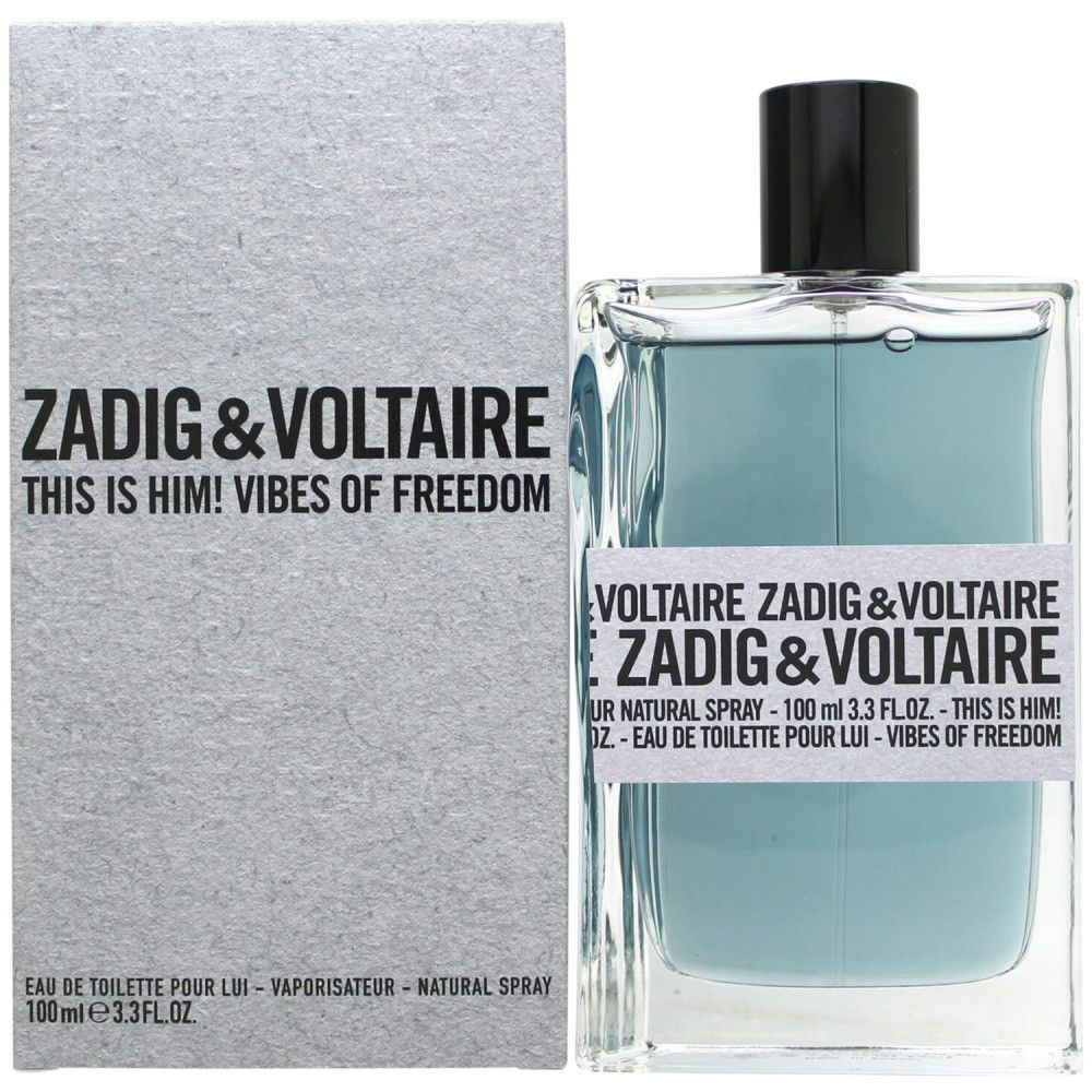 Flacon de parfum Zadig & Voltaire, liquide bleu, rectangulaire. Boîte avec logo et texte. Eau de Toilette.