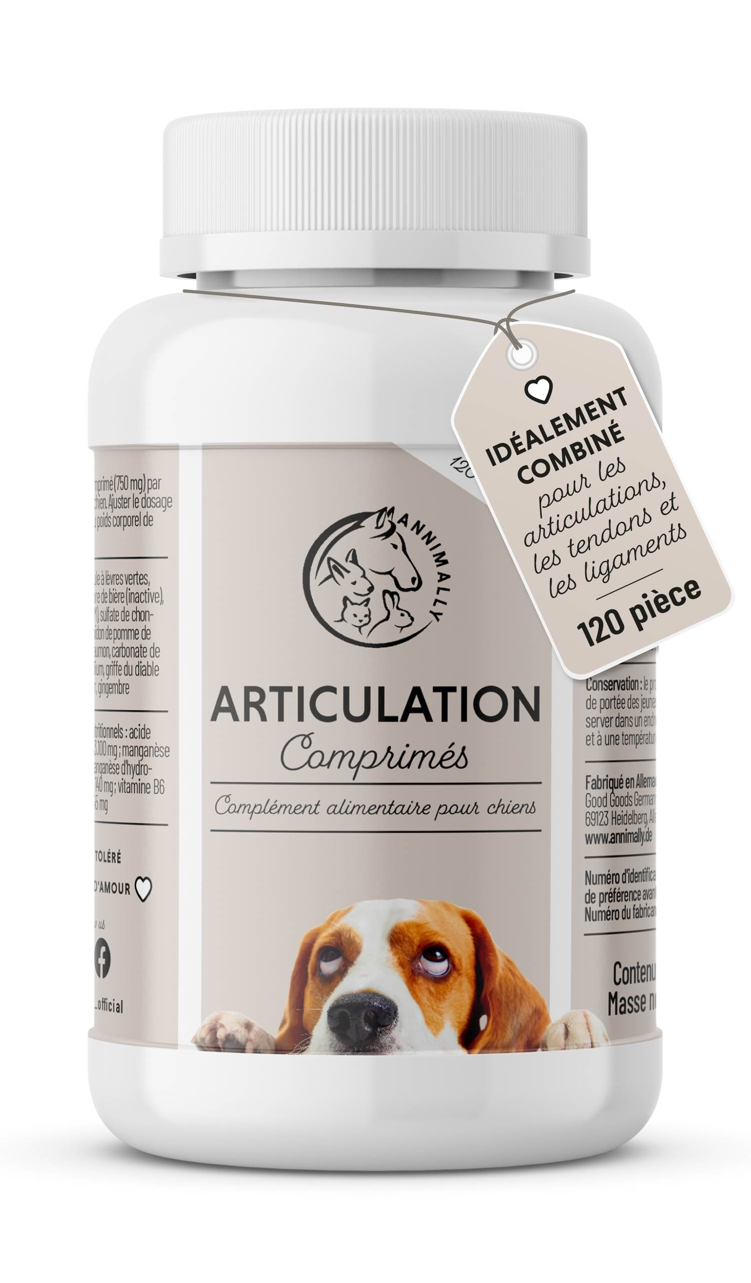 Flacon de comprimés, 120 unités. Inscription : ARTICULATION Comprimés. Image de chien. Étiquette : Idéalement combiné.
