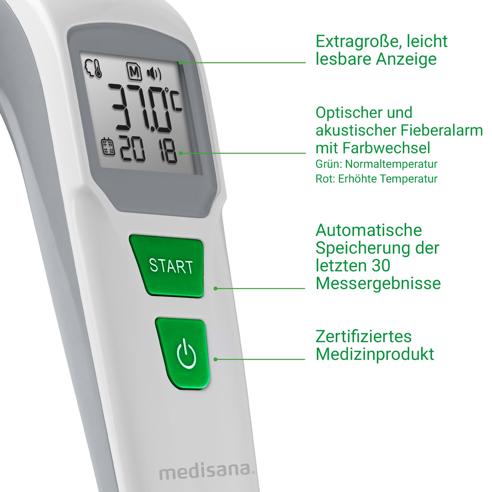 Close-up medisana thermometer: Groot display, Start-knop, Power-knop, "Gecertificeerd medisch hulpmiddel".