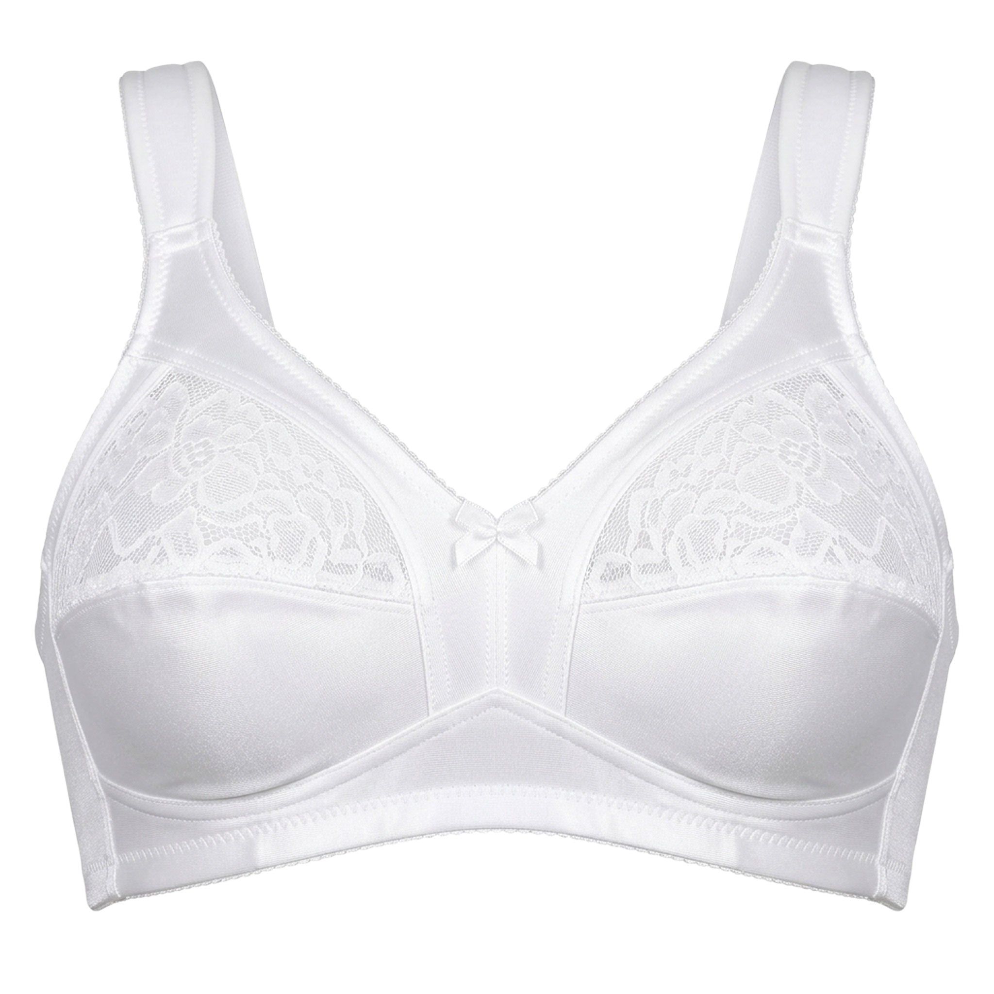 Witte beha met kant en satijn details. Zonder beugel, cup C. Strikje tussen de cups.