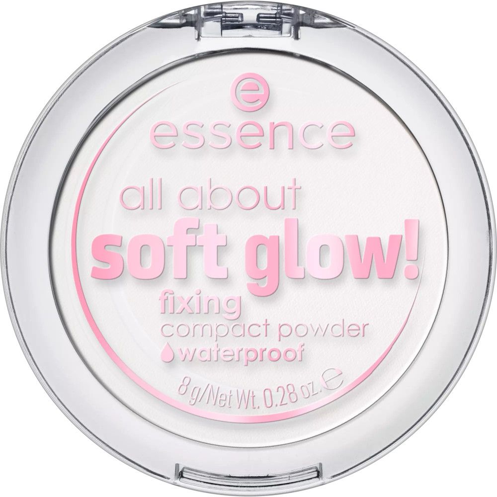 Boîtier de poudre transparent avec texte rose : Essence, All About Soft Glow! Poudre fixante, waterproof.