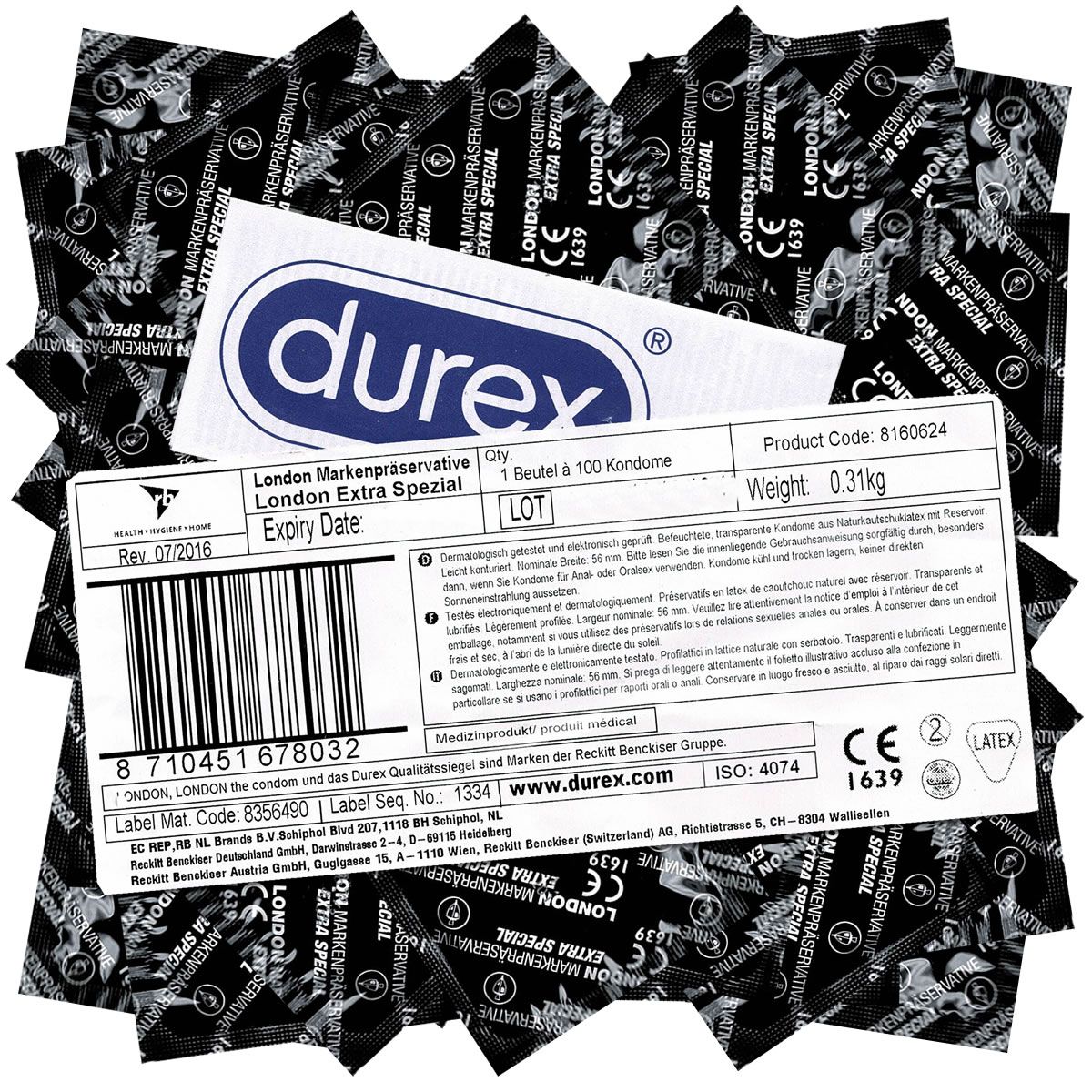 Préservatifs Durex London Extra Special. Emballage individuel noir. Étiquette avec informations produit, code et marquage CE.