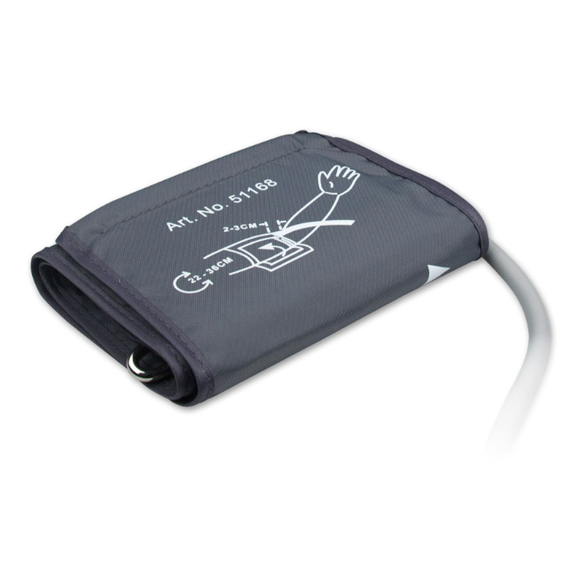 Brassard gris pour tensiomètre de bras, avec tube et indication de taille 22-36cm.
