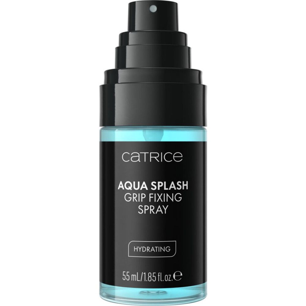 Flacon spray noir avec liquide bleu. Inscription: Catrice, Aqua Splash Grip Fixing Spray. Hydratant. 55 ml/1.85 fl.oz.e.