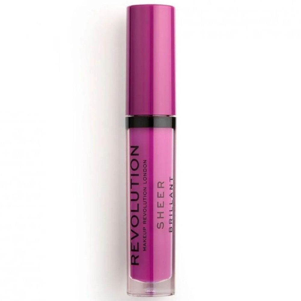 Flacon de gloss fermé. Le gloss est rose. Le flacon porte l'inscription "REVOLUTION SHEER BRILLANT".