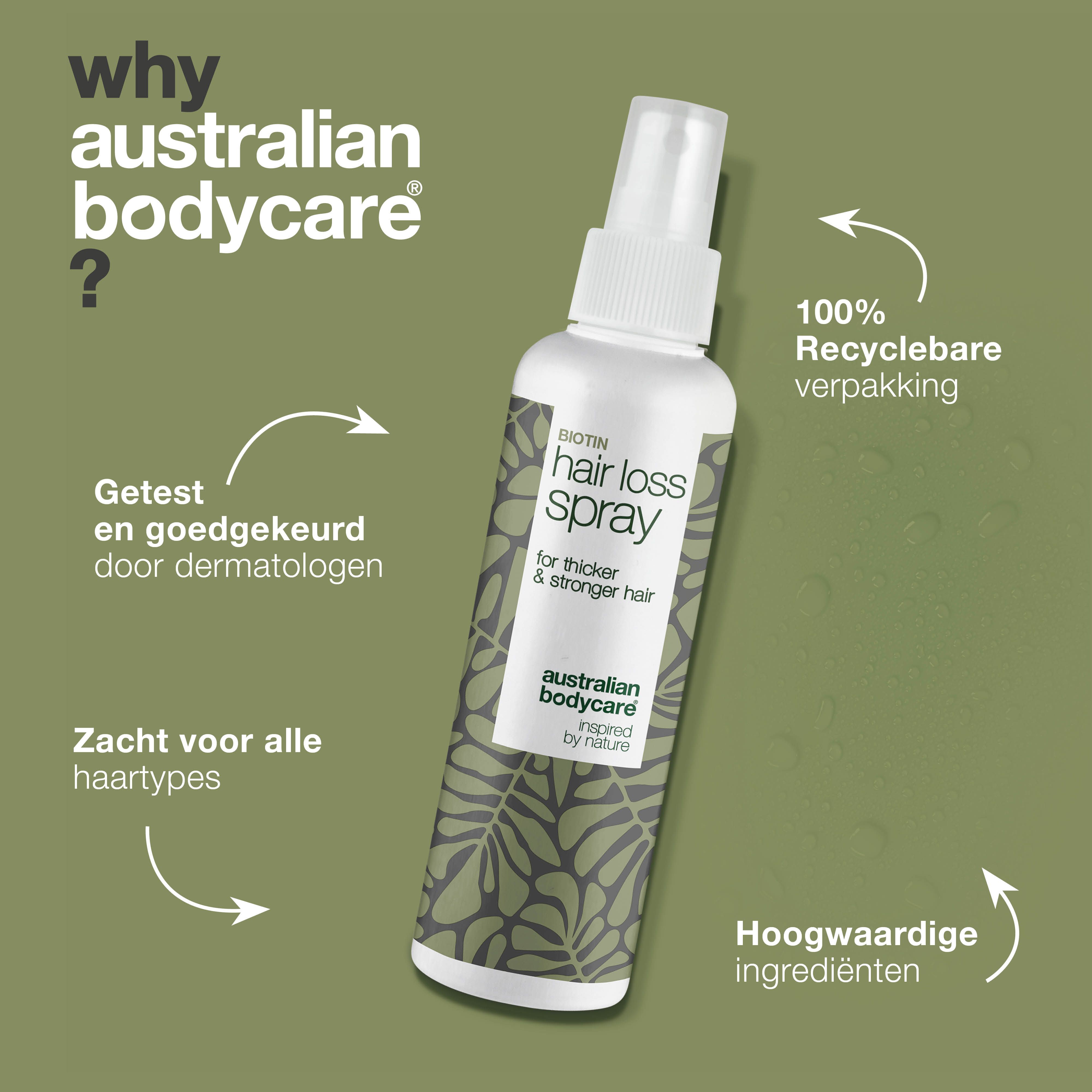 Waarom Australian Bodycare? Getest door dermatologen. 100% recyclebare verpakking. Biotin Hair Loss Spray.
