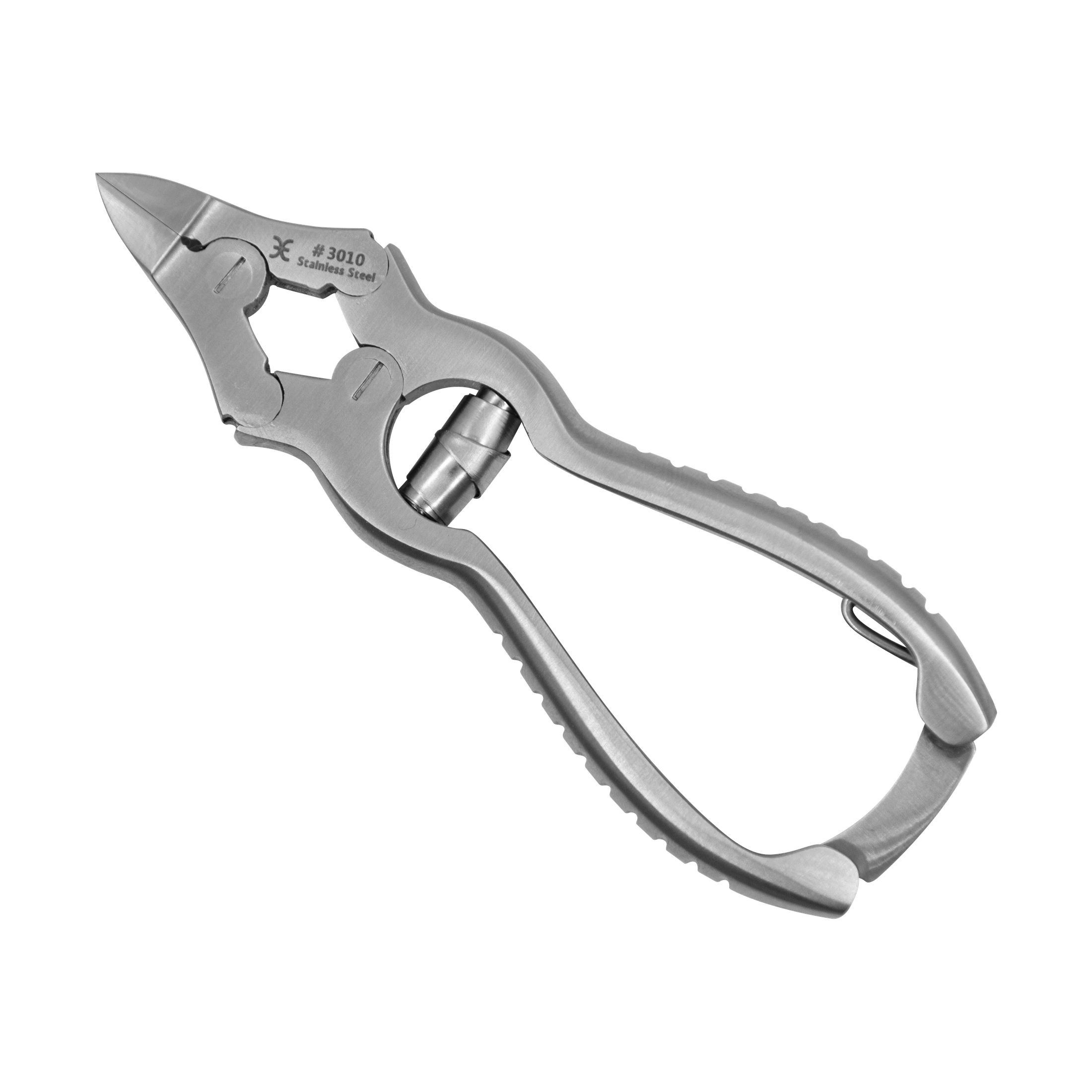 Roestvrijstalen nagelknipper. Ergonomische handgrepen, gebogen snijkant. Met markering #3010 Stainless Steel.