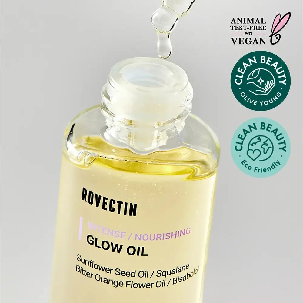 Gezichtsolie fles met pipet. Tekst: ROVECTIN, INTENSE / NOURISHING GLOW OIL. Ingrediënten. 30ml. Vegan en Clean Beauty labels.