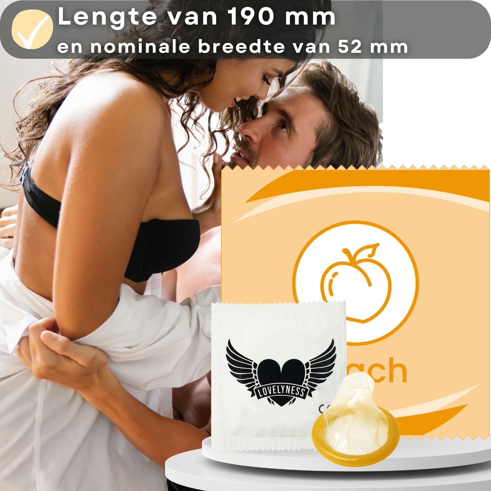 Condo en verpakking. Tekst: Met smaak, individueel verpakt, veiligheid, perzik aroma. Logo: Peach.