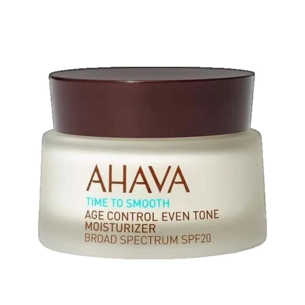 AHAVA Age Control Even Tone Moisturizer SPF 20. Pot en verre avec couvercle marron.
