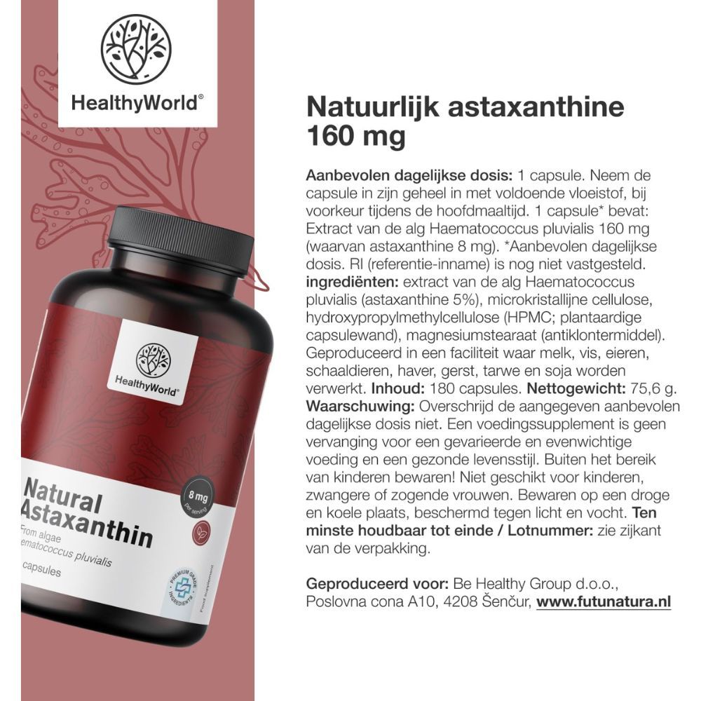 Fles Natural astaxanthine 160 mg. Logo: HealthyWorld. Tekst: 180 capsules. Ingrediënten.