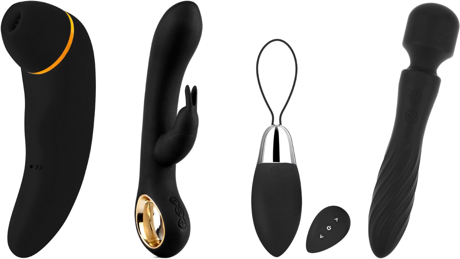 Quatre appareils vibrants noirs différents. Formes et designs variés.