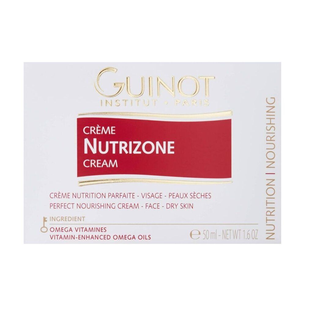 Verpakking van de crème. Guinot Nutrizone Crème. Wit, rode tekst. Tekst: Crème Nutrizone, Peaux sèches. Gouden tekst.