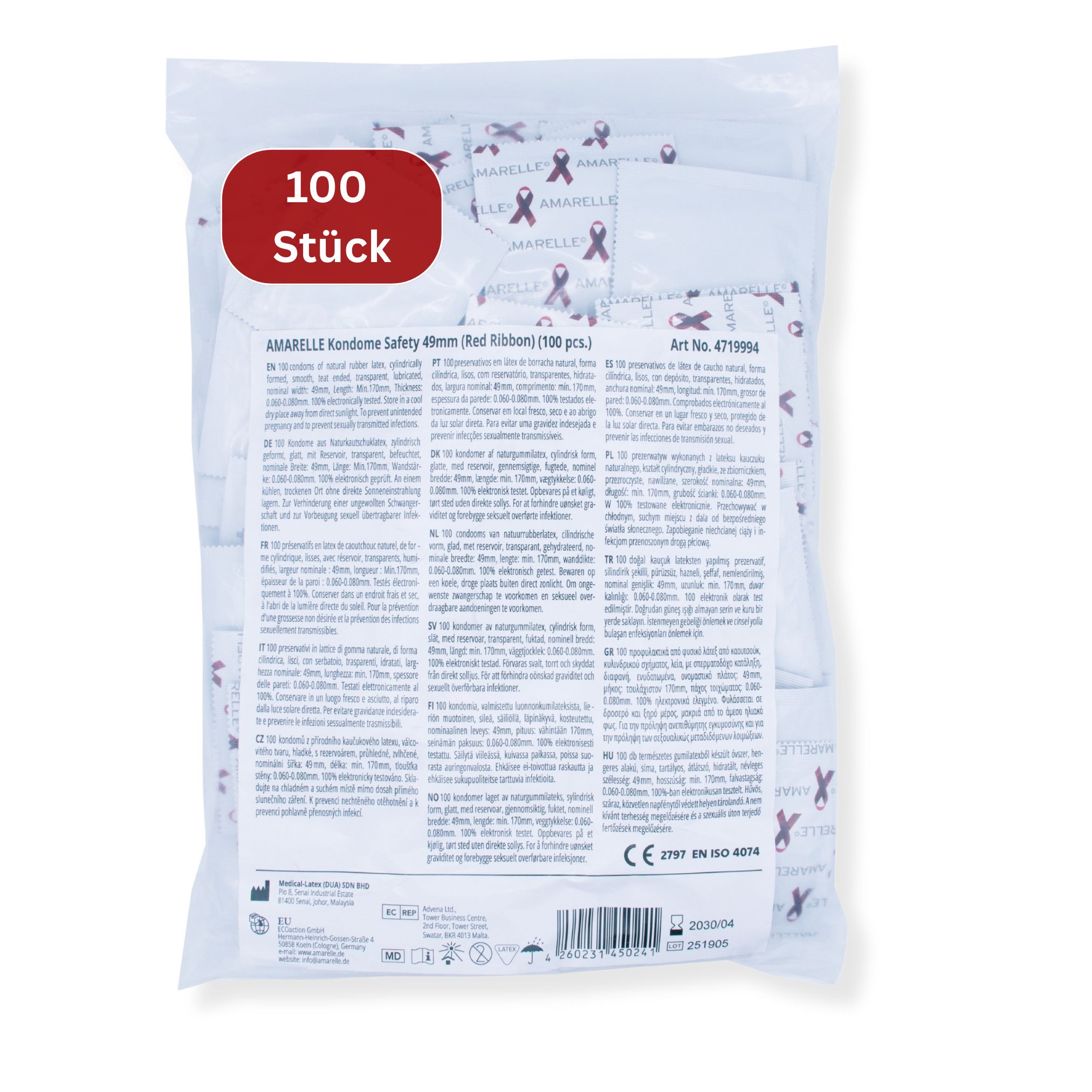 Emballage transparent de préservatifs. Étiquette rouge "100 Stück". Texte: Amarelle Kondome Safety 49mm (Red Ribbon).
