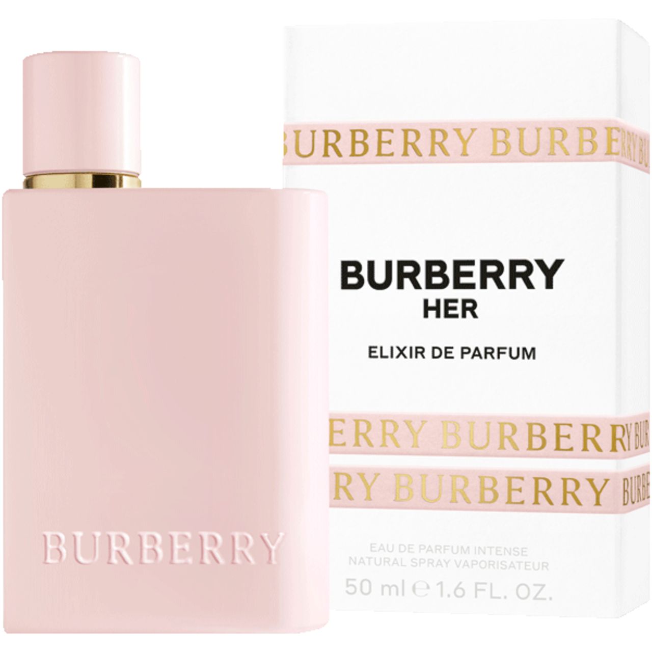 Flacon rose Burberry Her Elixir et emballage. Flacon avec bouchon doré. Emballage avec inscription Burberry.