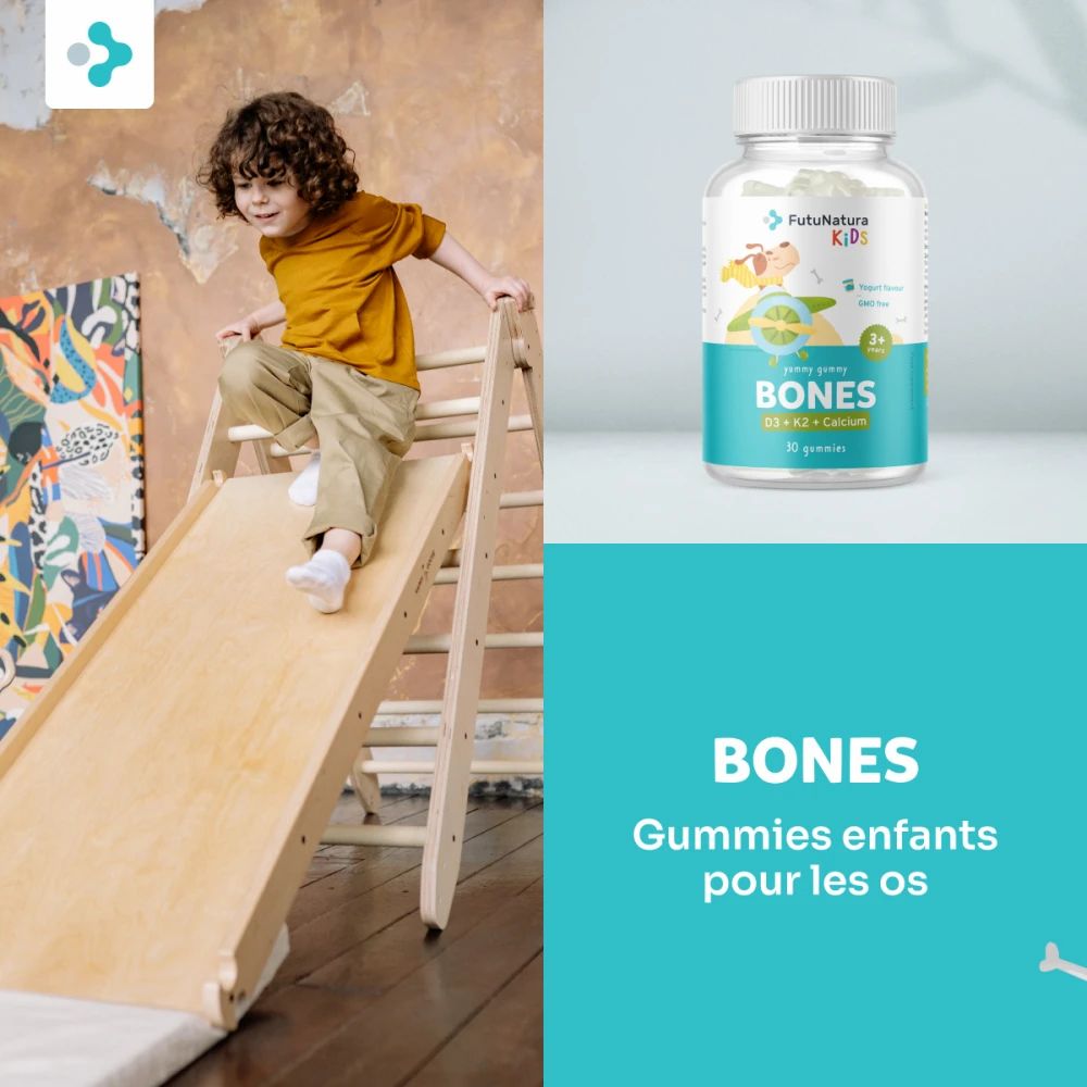 Enfant sur une structure de jeu en bois. À côté, un flacon de FutuNatura Bones Gummies. Texte: Bonbons gélifiés pour enfants.