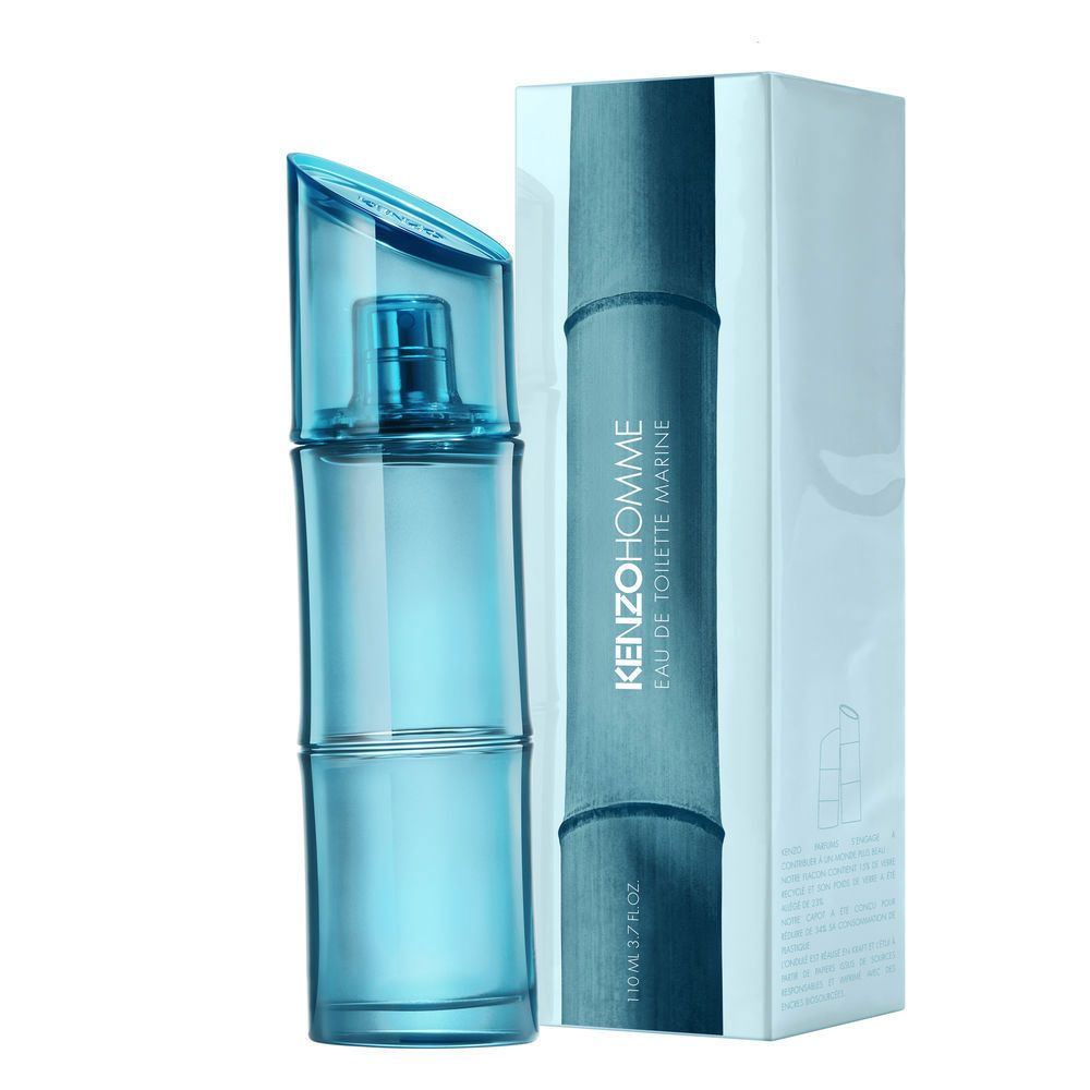 Flacon bleu Kenzo Homme Eau de Toilette Marine et emballage. Inscription : KENZO HOMME, Eau de Toilette Marine.