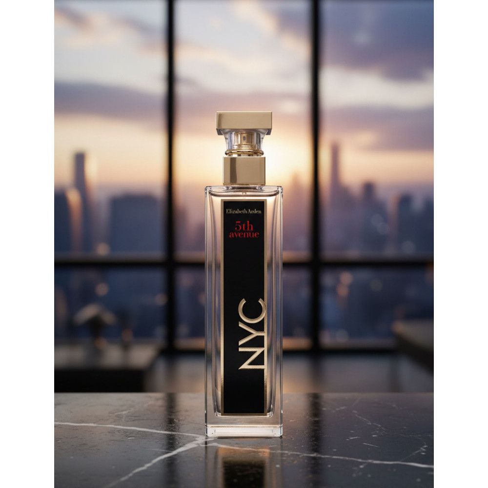 Rechthoekige fles met gouden dop. Zwart etiket met "5th avenue NYC". Achtergrond: stad.