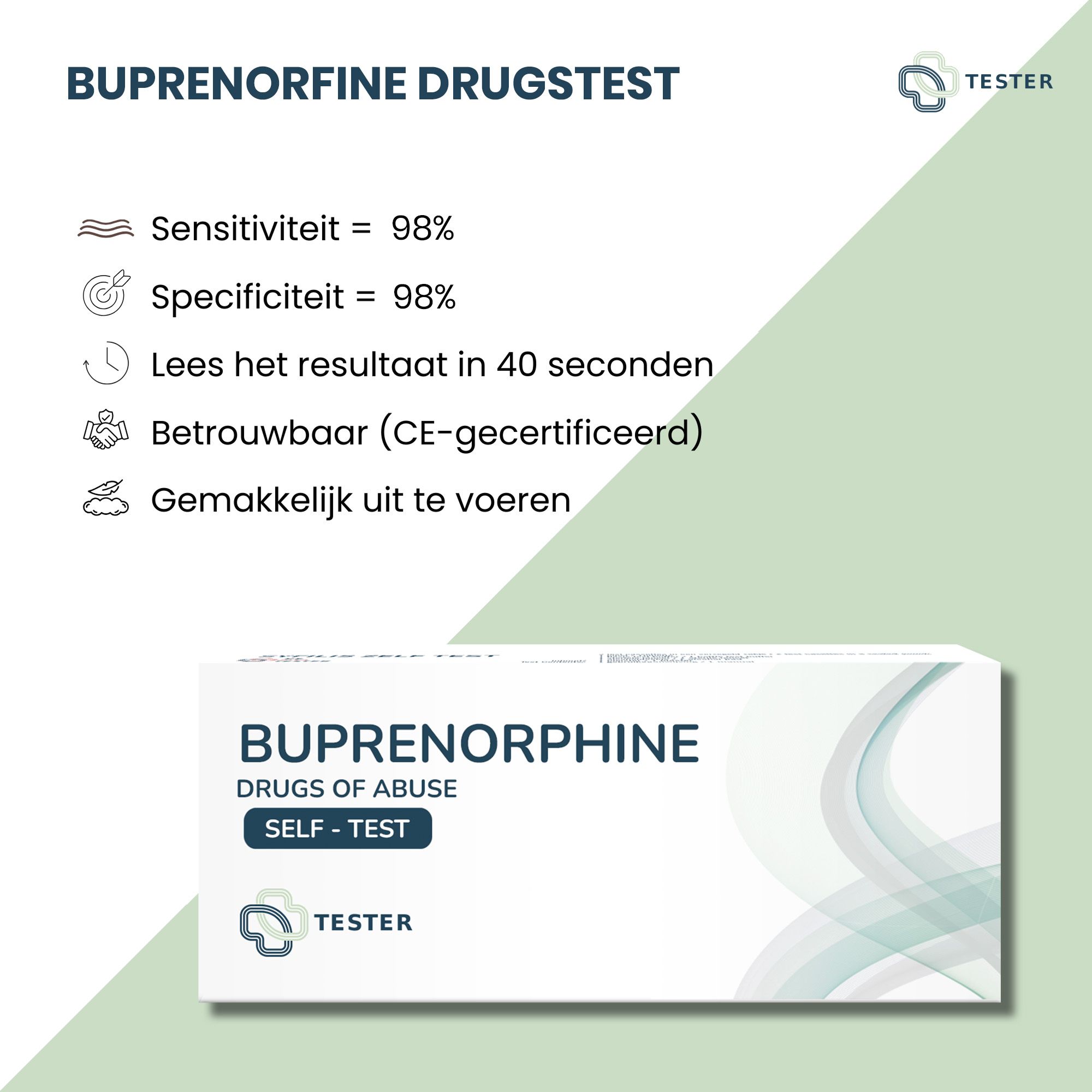 Verpakking van de buprenorfine drugstest. Tekst met informatie: Gevoeligheid 98%, Specificiteit 98%, resultaat in 40 seconden, betrouwbaar (CE-gecertificeerd), gemakkelijk uit te voeren.